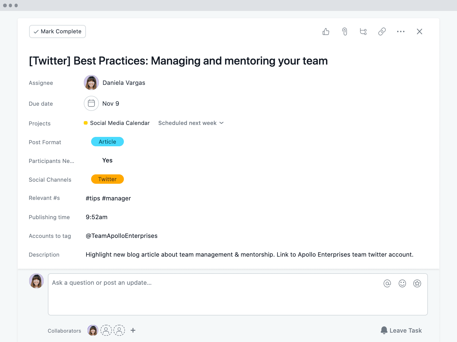 Asana Social Media Calendar Template